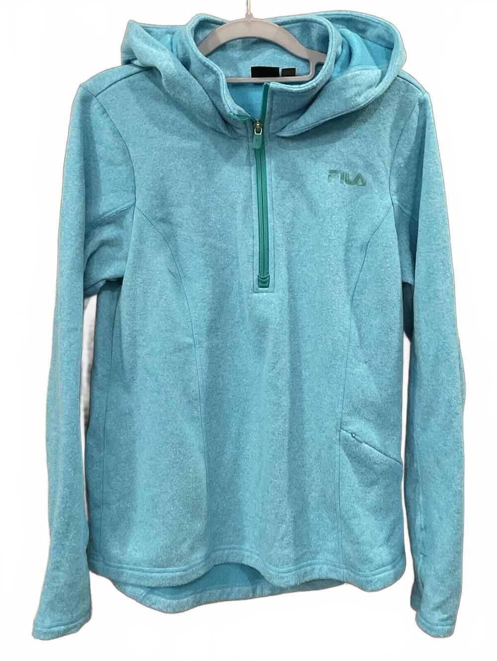 FILA Womens Aqua ZIP Neck Hoodie Thumb Holes Sweat Shirt Size M